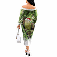 Kakapo New Zealand Christmas In July Off The Shoulder Long Sleeve Dress NZ Aroha Koru Fern Marble Vibes LT14 - Polynesian Pride