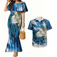 Sulphur-crested Cockatoo New Zealand Christmas In July Couples Matching Mermaid Dress and Hawaiian Shirt NZ Aroha Koru Fern Marble Vibes LT14 Blue - Polynesian Pride