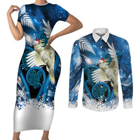 Sulphur-crested Cockatoo New Zealand Christmas In July Couples Matching Short Sleeve Bodycon Dress and Long Sleeve Button Shirt NZ Aroha Koru Fern Marble Vibes LT14 Blue - Polynesian Pride