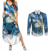 Sulphur-crested Cockatoo New Zealand Christmas In July Couples Matching Summer Maxi Dress and Long Sleeve Button Shirt NZ Aroha Koru Fern Marble Vibes LT14 Blue - Polynesian Pride