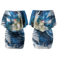 Sulphur-crested Cockatoo New Zealand Christmas In July Family Matching Off Shoulder Short Dress and Hawaiian Shirt NZ Aroha Koru Fern Marble Vibes LT14 Mom's Dress Blue - Polynesian Pride