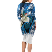 Sulphur-crested Cockatoo New Zealand Christmas In July Long Sleeve Bodycon Dress NZ Aroha Koru Fern Marble Vibes LT14 - Polynesian Pride