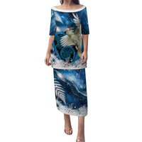 Sulphur-crested Cockatoo New Zealand Christmas In July Puletasi NZ Aroha Koru Fern Marble Vibes LT14 Long Dress Blue - Polynesian Pride