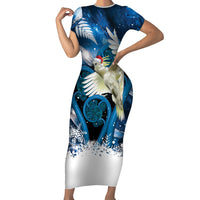 Sulphur-crested Cockatoo New Zealand Christmas In July Short Sleeve Bodycon Dress NZ Aroha Koru Fern Marble Vibes LT14 Long Dress Blue - Polynesian Pride
