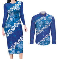 Vintage Blue Polynesia Couples Matching Long Sleeve Bodycon Dress and Long Sleeve Button Shirt Plumeria With Hibiscus Tropical Vibes