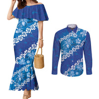 Vintage Blue Polynesia Couples Matching Mermaid Dress and Long Sleeve Button Shirt Plumeria With Hibiscus Tropical Vibes