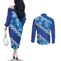 Vintage Blue Polynesia Couples Matching Off The Shoulder Long Sleeve Dress and Long Sleeve Button Shirt Plumeria With Hibiscus Tropical Vibes