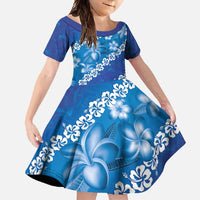 Vintage Blue Polynesia Family Matching Long Sleeve Bodycon Dress and Hawaiian Shirt Plumeria With Hibiscus Tropical Vibes LT14 Daughter's Dress Blue - Polynesian Pride