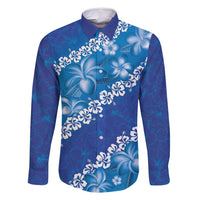 Vintage Blue Polynesia Family Matching Long Sleeve Bodycon Dress and Hawaiian Shirt Plumeria With Hibiscus Tropical Vibes LT14 Dad's Shirt - Long Sleeve Blue - Polynesian Pride