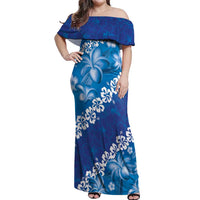 Vintage Blue Polynesia Off Shoulder Maxi Dress Plumeria With Hibiscus Tropical Vibes