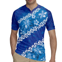 Vintage Blue Polynesia Rugby Jersey Plumeria With Hibiscus Tropical Vibes