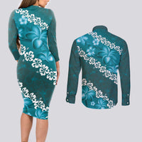Vintage Dark Cyan Polynesia Couples Matching Long Sleeve Bodycon Dress and Long Sleeve Button Shirt Plumeria With Hibiscus Tropical Vibes LT14 - Polynesian Pride