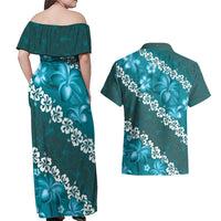 Vintage Dark Cyan Polynesia Couples Matching Off Shoulder Maxi Dress and Hawaiian Shirt Plumeria With Hibiscus Tropical Vibes