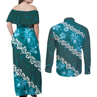 Vintage Dark Cyan Polynesia Couples Matching Off Shoulder Maxi Dress and Long Sleeve Button Shirt Plumeria With Hibiscus Tropical Vibes