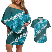 Vintage Dark Cyan Polynesia Couples Matching Off Shoulder Short Dress and Hawaiian Shirt Plumeria With Hibiscus Tropical Vibes LT14 Dark Cyan - Polynesian Pride