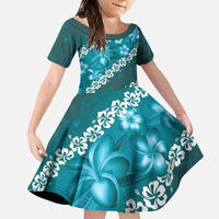 Vintage Dark Cyan Polynesia Family Matching Mermaid Dress and Hawaiian Shirt Plumeria With Hibiscus Tropical Vibes LT14 Daughter's Dress Dark Cyan - Polynesian Pride