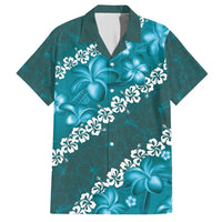 Vintage Dark Cyan Polynesia Family Matching Short Sleeve Bodycon Dress and Hawaiian Shirt Plumeria With Hibiscus Tropical Vibes LT14 Dad's Shirt - Short Sleeve Dark Cyan - Polynesian Pride