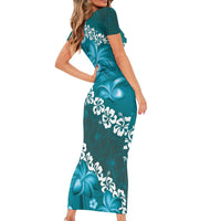 Vintage Dark Cyan Polynesia Family Matching Short Sleeve Bodycon Dress and Hawaiian Shirt Plumeria With Hibiscus Tropical Vibes LT14 - Polynesian Pride