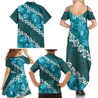 Vintage Dark Cyan Polynesia Family Matching Summer Maxi Dress and Hawaiian Shirt Plumeria With Hibiscus Tropical Vibes