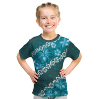 Vintage Dark Cyan Polynesia Kid T Shirt Plumeria With Hibiscus Tropical Vibes