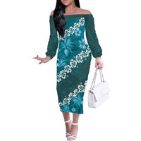 Vintage Dark Cyan Polynesia Off The Shoulder Long Sleeve Dress Plumeria With Hibiscus Tropical Vibes