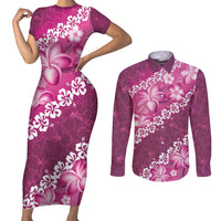 Vintage Pink Polynesia Couples Matching Short Sleeve Bodycon Dress and Long Sleeve Button Shirt Plumeria With Hibiscus Tropical Vibes