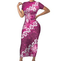 Vintage Pink Polynesia Family Matching Short Sleeve Bodycon Dress and Hawaiian Shirt Plumeria With Hibiscus Tropical Vibes LT14 Mom's Dress Pink - Polynesian Pride