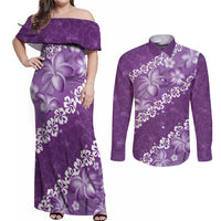 Vintage Purple Polynesia Couples Matching Off Shoulder Maxi Dress and Long Sleeve Button Shirt Plumeria With Hibiscus Tropical Vibes