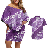 Vintage Purple Polynesia Couples Matching Off Shoulder Short Dress and Hawaiian Shirt Plumeria With Hibiscus Tropical Vibes LT14 Purple - Polynesian Pride