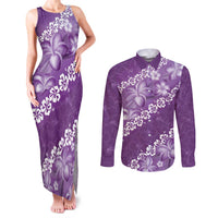 Vintage Purple Polynesia Couples Matching Tank Maxi Dress and Long Sleeve Button Shirt Plumeria With Hibiscus Tropical Vibes