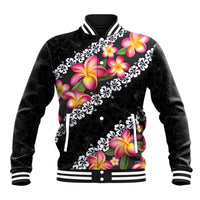 Black Polynesia Baseball Jacket Plumeria With Hibiscus Pattern Tropical Vibes