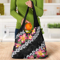 Black Polynesia Grocery Bag Plumeria With Hibiscus Pattern Tropical Vibes