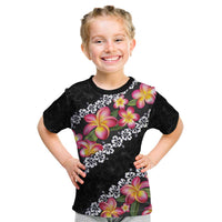 Black Polynesia Kid T Shirt Plumeria With Hibiscus Pattern Tropical Vibes