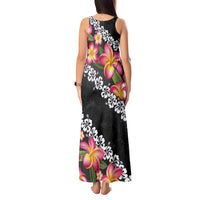 Black Polynesia Tank Maxi Dress Plumeria With Hibiscus Pattern Tropical Vibes