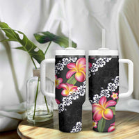 Black Polynesia Tumbler With Handle Plumeria With Hibiscus Pattern Tropical Vibes