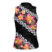 Black Polynesia Women Sleeveless Polo Shirt Plumeria With Hibiscus Pattern Tropical Vibes