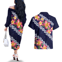 Blue Polynesia Couples Matching Off The Shoulder Long Sleeve Dress and Hawaiian Shirt Plumeria With Hibiscus Pattern Tropical Vibes
