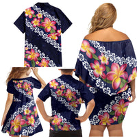 Blue Polynesia Family Matching Off Shoulder Short Dress and Hawaiian Shirt Plumeria With Hibiscus Pattern Tropical Vibes