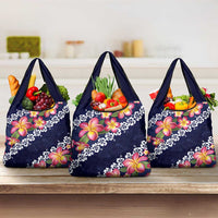 Blue Polynesia Grocery Bag Plumeria With Hibiscus Pattern Tropical Vibes