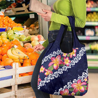 Blue Polynesia Grocery Bag Plumeria With Hibiscus Pattern Tropical Vibes