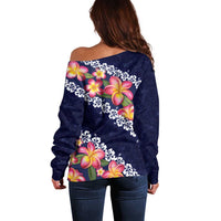 Blue Polynesia Off Shoulder Sweater Plumeria With Hibiscus Pattern Tropical Vibes