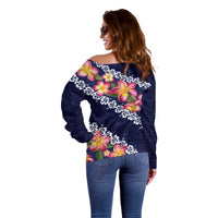 Blue Polynesia Off Shoulder Sweater Plumeria With Hibiscus Pattern Tropical Vibes