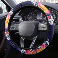 Blue Polynesia Steering Wheel Cover Plumeria With Hibiscus Pattern Tropical Vibes
