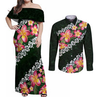 Green Polynesia Couples Matching Off Shoulder Maxi Dress and Long Sleeve Button Shirt Plumeria With Hibiscus Pattern Tropical Vibes