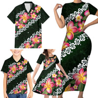Green Polynesia Family Matching Short Sleeve Bodycon Dress and Hawaiian Shirt Plumeria With Hibiscus Pattern Tropical Vibes LT14 - Polynesian Pride
