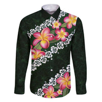 Green Polynesia Family Matching Short Sleeve Bodycon Dress and Hawaiian Shirt Plumeria With Hibiscus Pattern Tropical Vibes LT14 Dad's Shirt - Long Sleeve Green - Polynesian Pride