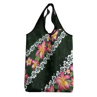 Green Polynesia Grocery Bag Plumeria With Hibiscus Pattern Tropical Vibes