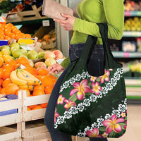 Green Polynesia Grocery Bag Plumeria With Hibiscus Pattern Tropical Vibes
