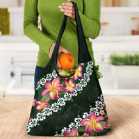 Green Polynesia Grocery Bag Plumeria With Hibiscus Pattern Tropical Vibes