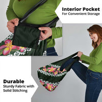 Green Polynesia Grocery Bag Plumeria With Hibiscus Pattern Tropical Vibes